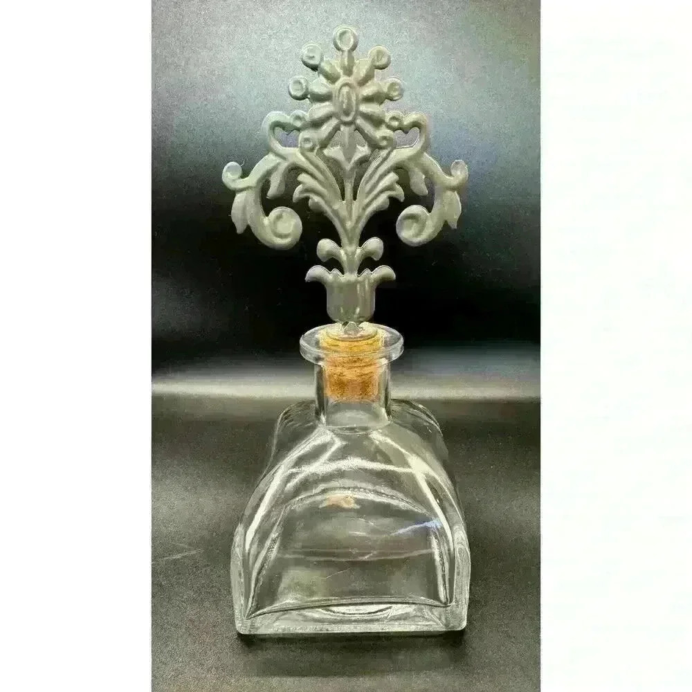 Perfume Bottle with Handblown Wide Glass Base, Metal Floral Accent Cork Stopper